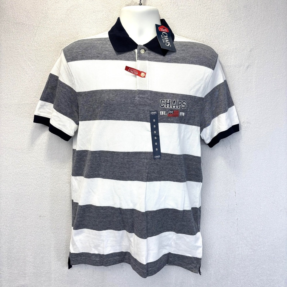 NWT Chaps Natural Stretch Polo Shirt Mens Small Gray White Rugby‎ Stripe Casual